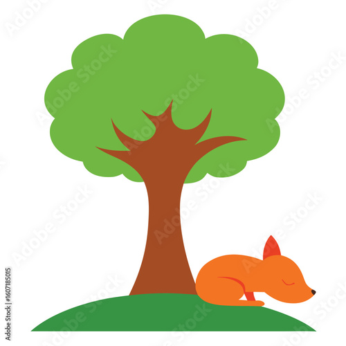Cute cartoon fox sleeping peacefully under a green tree