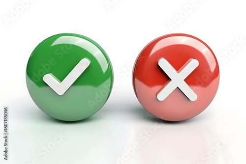 realistic 3D render of two circular buttons, one green with checkmark and one red with X, placed side-by-side on clean