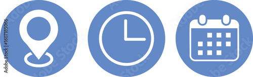 date time location icon set. Calendar icon symbol. clock sign.  business schedule and office time clock. location pin signs
