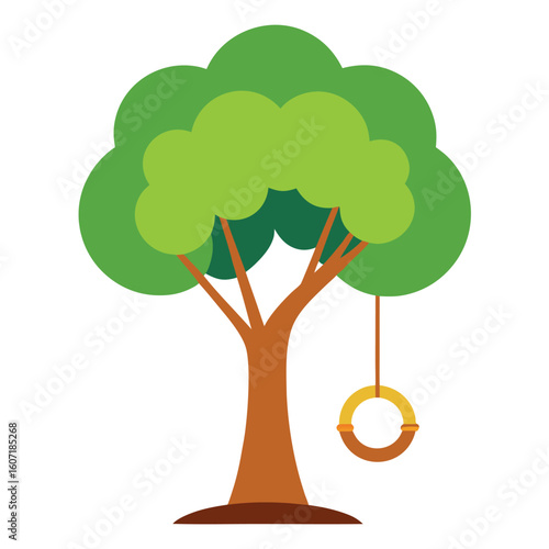Cartoon tree with a tire swing on a white background