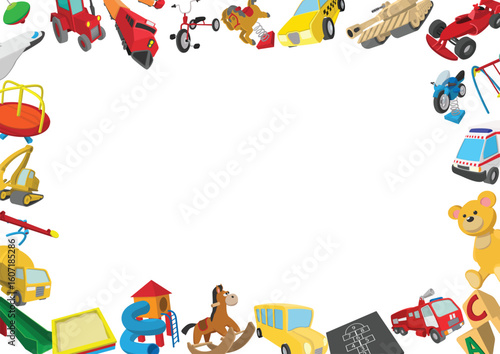 Different colorful cartoon toys creating a frame with empty space for text