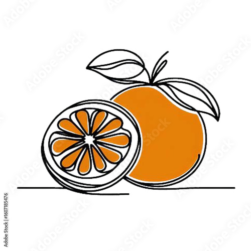 Fresh orange fruit slice and whole fruit with leaf, modern minimalist design concept