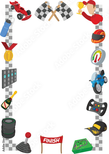 Racing frame border is decorated with helmet, steering wheel, golden trophy, and checkered flags celebrating victory