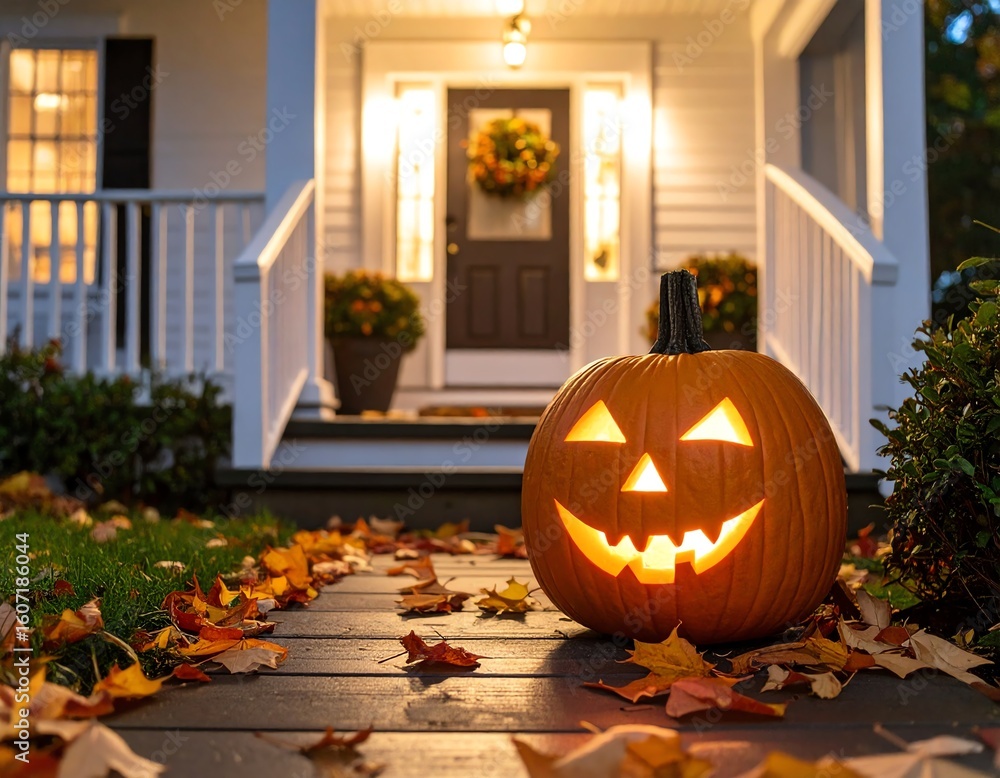 Obraz premium Cheerful Halloween pumpkin at a cozy porch.