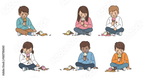 Disappointed children eating melted ice cream cones on a sunny summer day