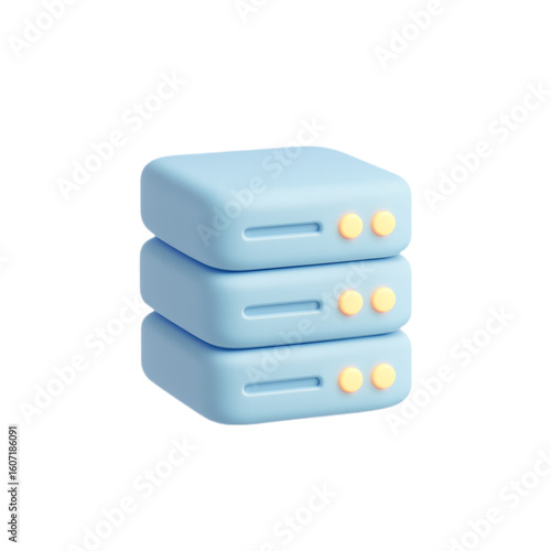 Three stacked blue servers with yellow lights isolated on transparent background