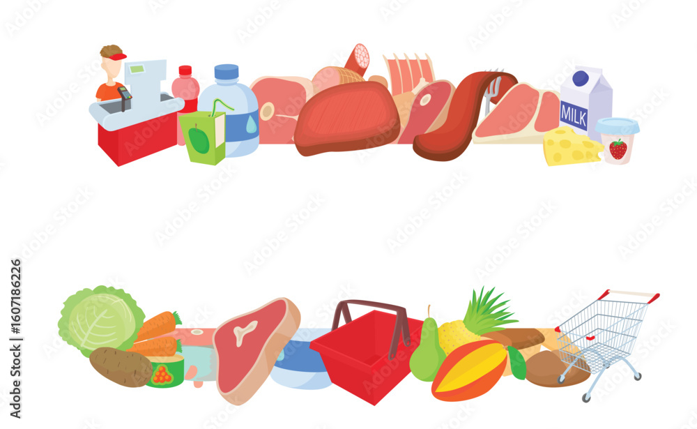 Fototapeta premium Grocery food shopping items including cashier working at checkout counter, meat, fruits, vegetables, milk, cheese, juice and shopping cart