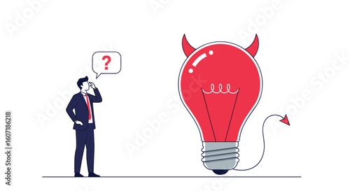 Businessman pondering problem confronted by a wicked idea represented by a devilish lightbulb