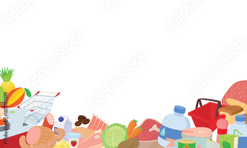 Supermarket checkout illustration featuring various groceries, a shopping cart, and a cashier, ideal for retail and consumerism themes