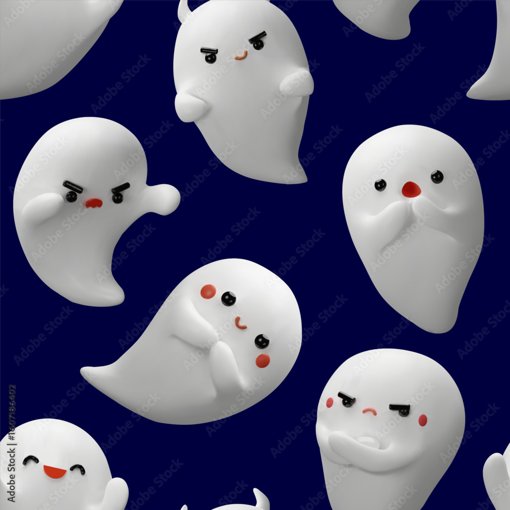 Obraz premium A seamless Halloween pattern featuring various expressive 3D ghost characters on a dark navy background. Festive wrapping paper, fabric prints, party decorations, or digital backgrounds.