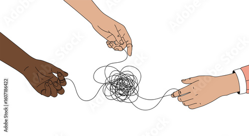 Three diverse hands collaborate to untangle a complex knot of interconnected threads symbolizing shared problem solving and collective effort