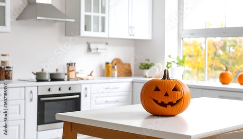 Halloween Jack-o'-lantern in a bright kitchen
