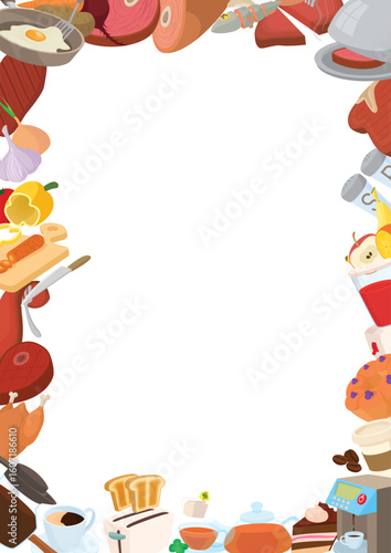Vibrant food icons frame a blank space, creating a culinary themed border ideal for menus, invitations, or promotional materials