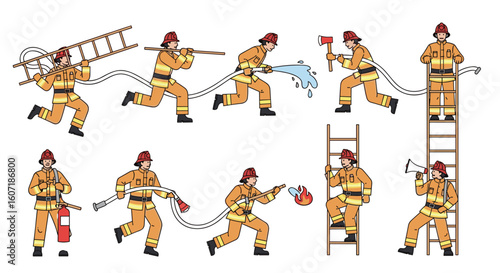 Brave firefighters in action responding to emergencies extinguishing fires and saving lives