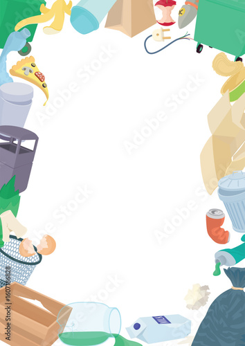 Different kinds of garbage frame surrounding empty space representing the importance of recycling and waste management