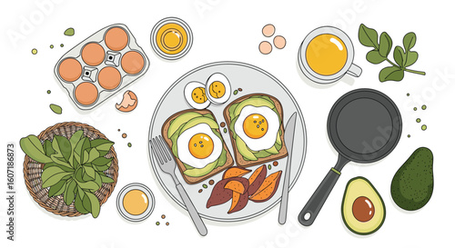 A delicious and nutritious breakfast spread featuring avocado toast and eggs with fresh greens and coffee