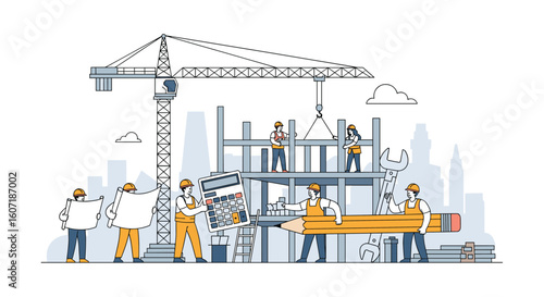 Building construction project management team working together on a new structure design