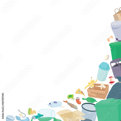 Overflowing trash cans and garbage forming a corner border symbolize waste management issues and environmental pollution