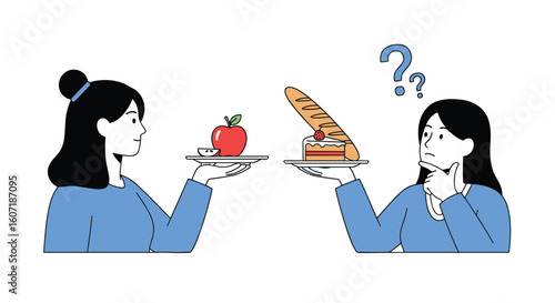 Making healthy food choices between delicious desserts and nutritious fruits for a balanced lifestyle