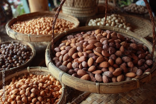 Dried nuts in woven baskets