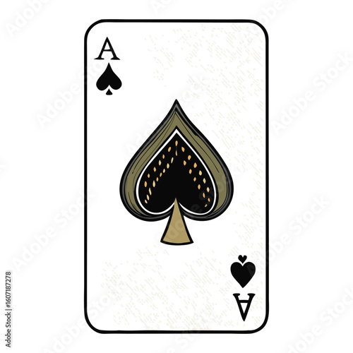 A bold ace of spades design featuring a large black spade symbol with intricate patterns, often the most ornate card in the deck, symbolizing power, mystery, and luck.
