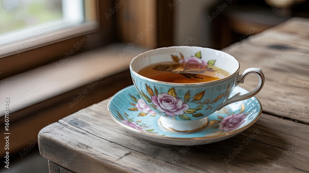 Fototapeta premium An elegant teacup filled with fragrant tea rests on a rustic wooden table next to a bright window offering a serene and calming atmosphere.