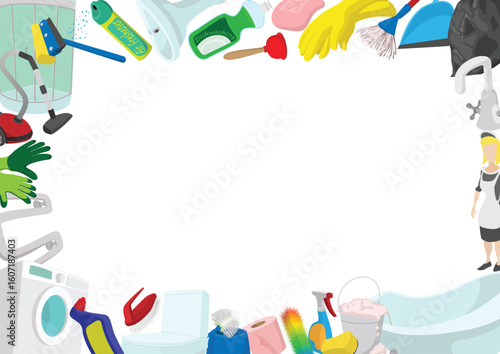 Cartoon cleaning supplies and equipment frame a blank copyspace, ideal for housekeeping and cleaning service advertisements