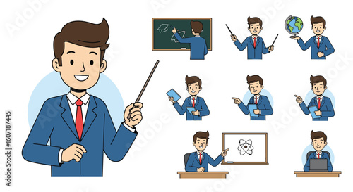 Cartoon teacher character poses illustrating educational activities and learning concepts