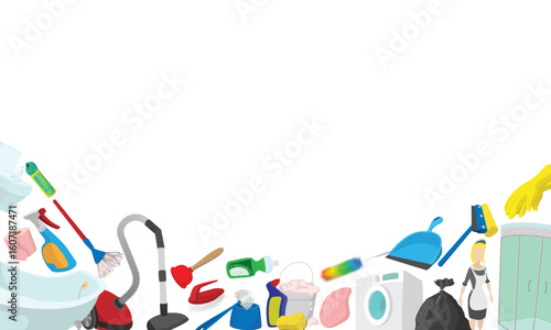 Cleaning lady surrounded by cleaning supplies, a shower cabin and a washing machine, ready for housekeeping and domestic work