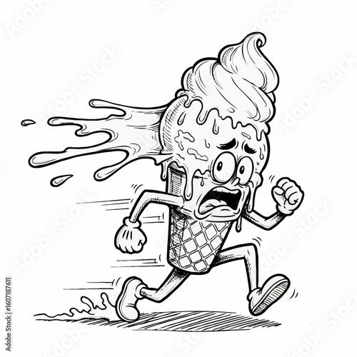 Cartoon ice cream cone running away from melting disaster scene