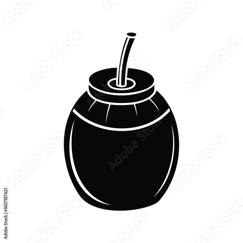 Monochrome illustration of a traditional gourd with straw for yerba mate