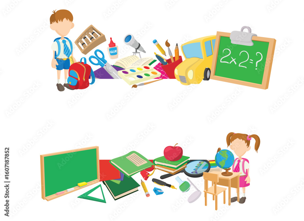 Obraz premium School children ready for learning, with many school supplies surrounding them