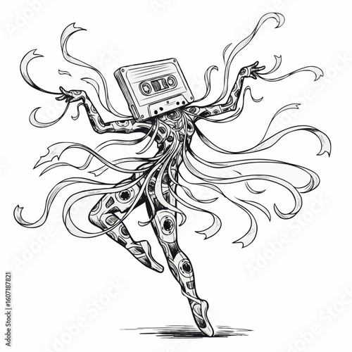 Cassette head dancing figure with ribbons and eye decorations