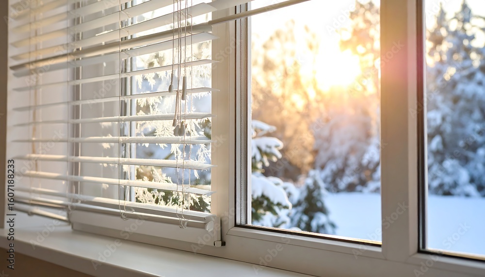 Naklejka premium Winter scene through a window with blinds