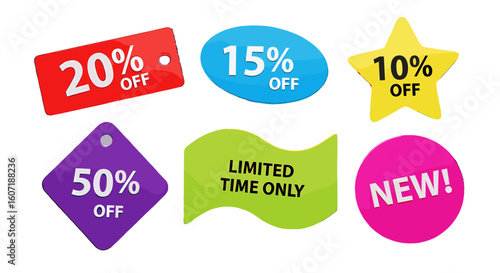 A discount stickers displaying percent off deals for promotions, presenting colorful shapes and limited time offerings to attract customers and boost sales in retail and marketing