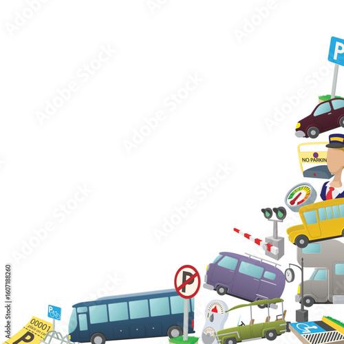 Cartoon style icons related to parking, public transport, and traffic regulations create a vibrant border on a white background, offering ample space for text or design elements