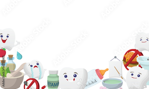 Cartoon teeth characters showing good and bad habits for oral hygiene, promoting dental health and cavity prevention