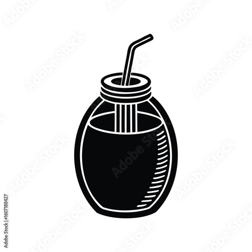 Traditional Yerba Mate Gourd with Bombilla, Illustrative Black and White Graphic