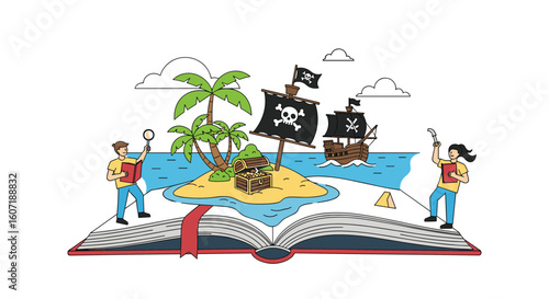 Adventure storytelling with pirates and treasure islands on an open book discovery