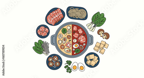 Enjoying a delicious hot pot meal with various ingredients and broths together with friends and family