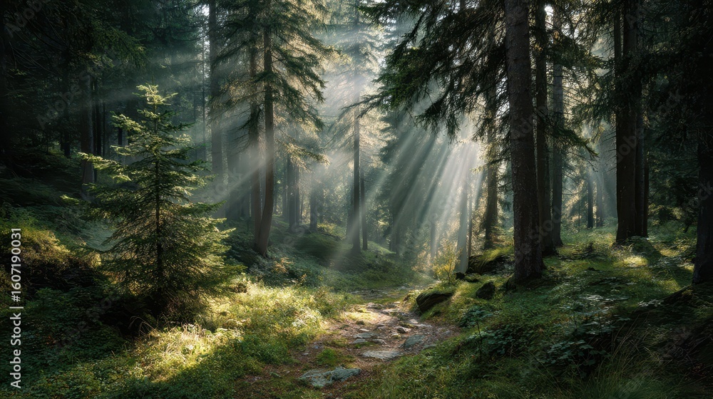 Obraz premium Enchanting Light Beams in a Serene Forest Landscape