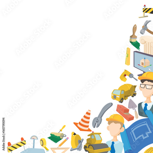 Construction icons frame with architects holding blueprint and designing new buildings