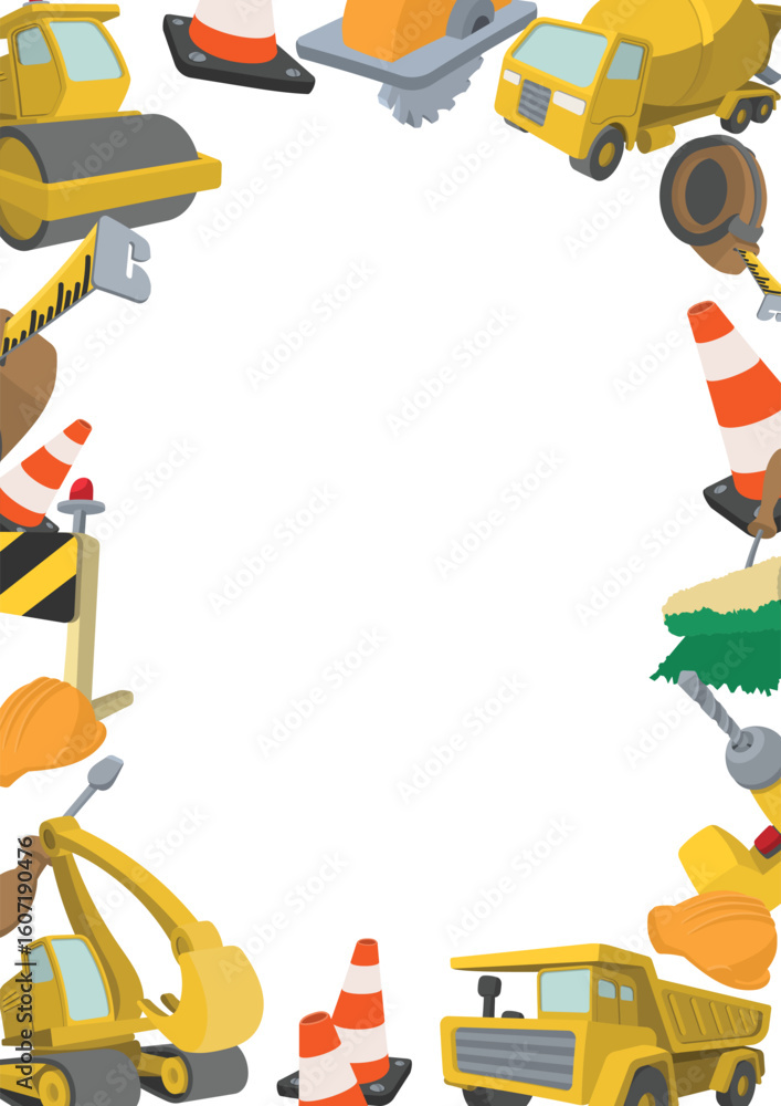 Obraz premium Cartoon construction machines, tools and signs forming a frame with white copy space in the center