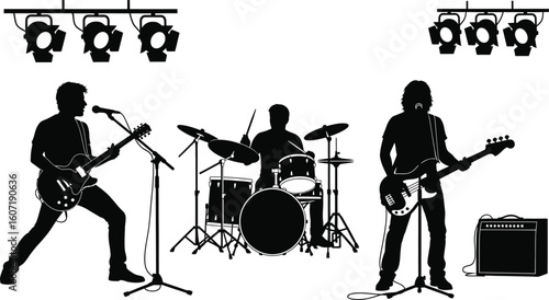 Rock band silhouette performing live under stage lights, musicians playing guitars and drums, perfect for music event or band promotion concepts