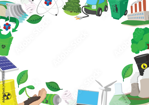 Cartoon icons frame promoting green energy, recycling and eco friendly technologies