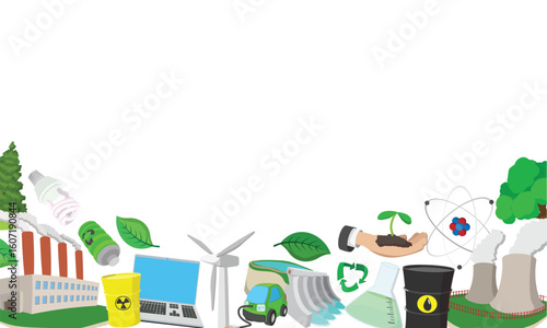 Ecology concept icons representing renewable energy, nature, pollution and recycling