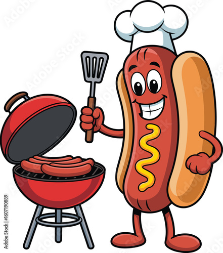 Funny cartoon hot dog chef character grilling sausages on BBQ with spatula, smiling mascot illustration, cad drawing, flat vector illustration food