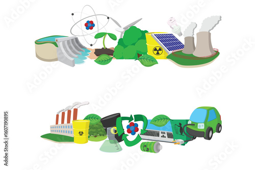 Cartoon style depiction of green energy, nuclear energy, pollution, and recycling