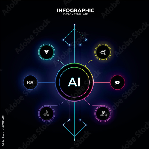 Futuristic template for process flow diagram AI- dark version. 6 buttons options. Flat infographic design with colourful thin lines for website or data presentation. Tech concept. Neon, choice button.