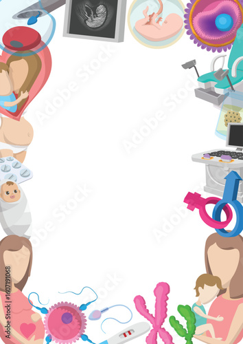 Cartoon style pregnancy and motherhood background illustrating medical examination, fertilization, ultrasound, newborn baby and family love